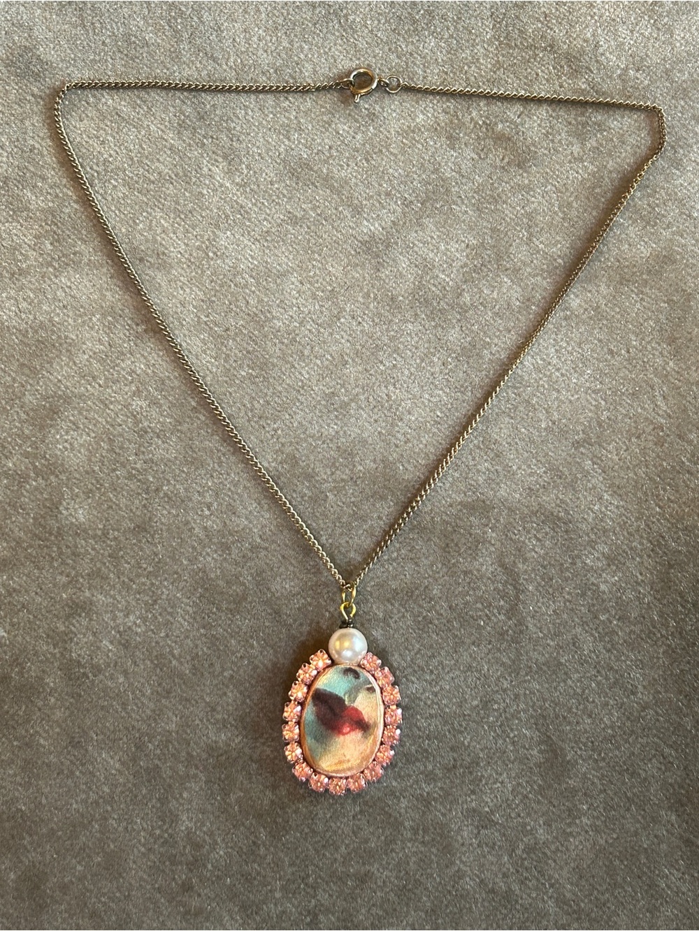 Gold-Tone Lover’s Smile Pendant Necklace with Pink Crystal Halo and Pearl Accent